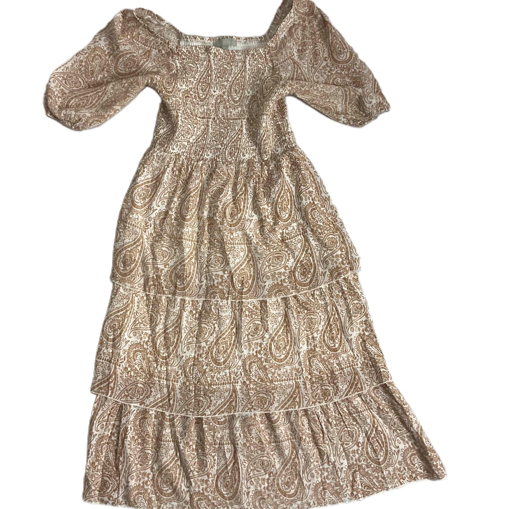 J Gee Tan & White Paisley Boho Tiered Off-Shoulder Coquette Dress Large